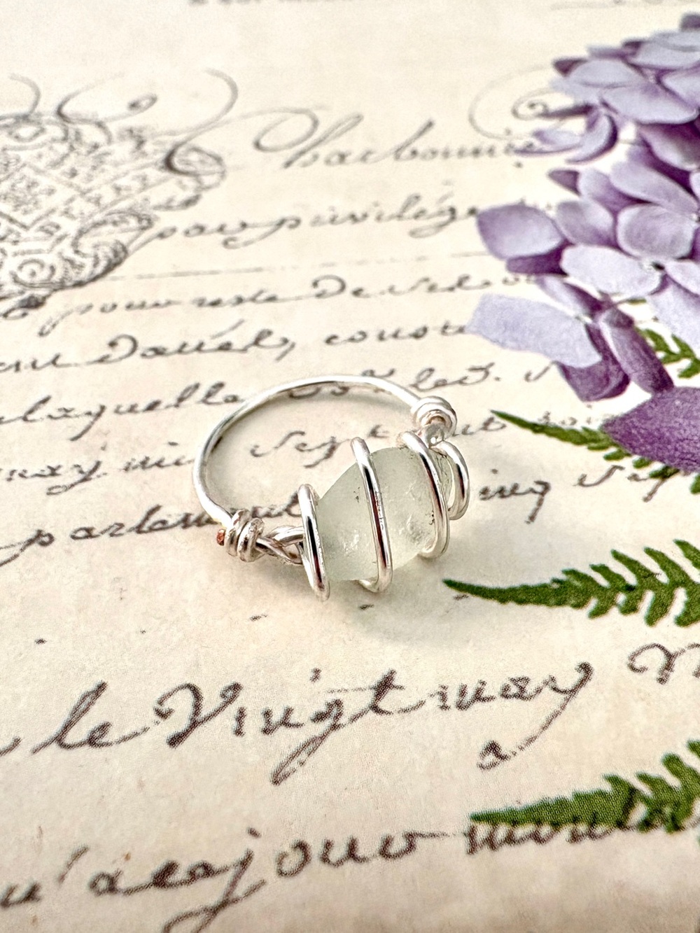 Hand Crafted Silver Plated Sea Glass Ring - White Seafoam - Size 5